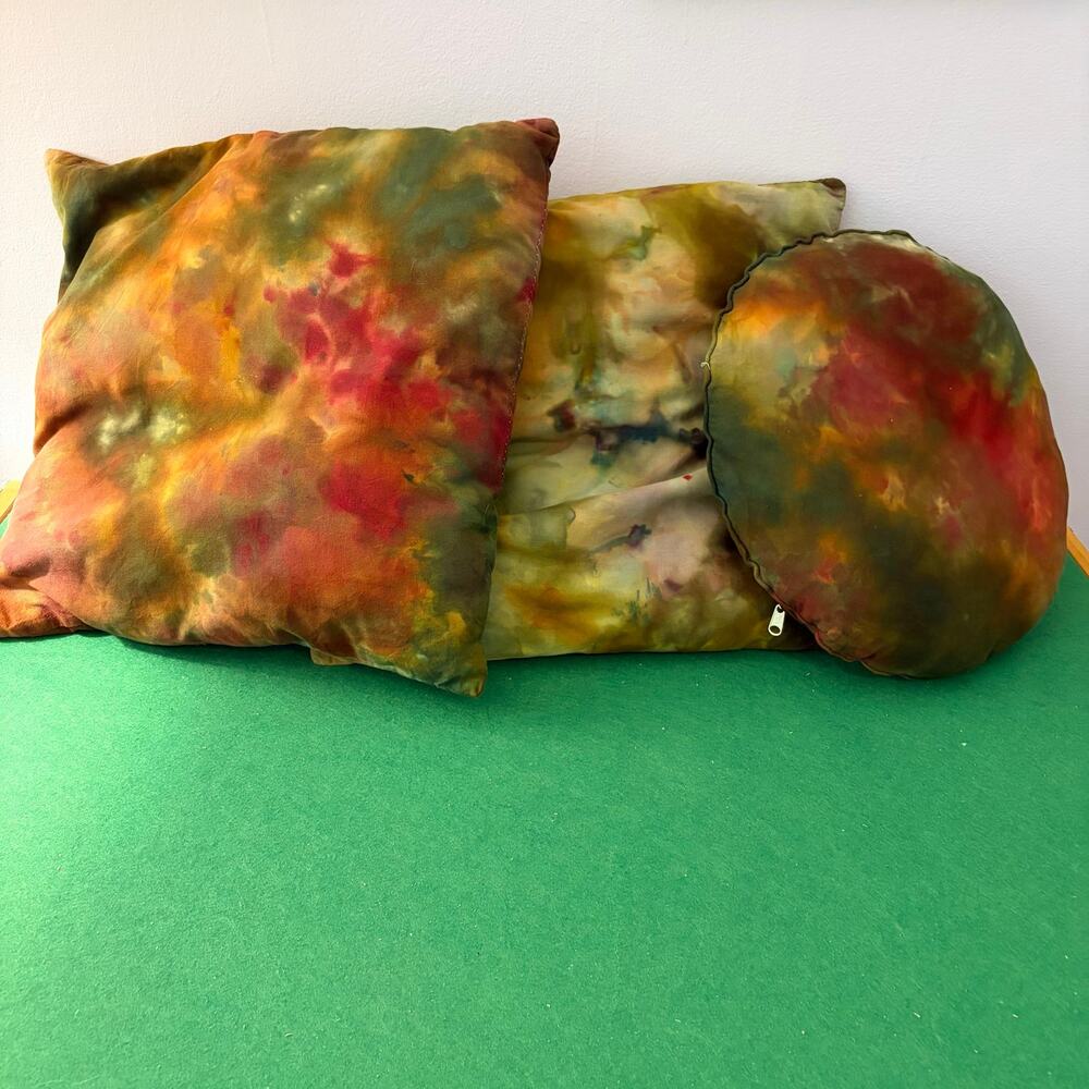 Three handmade tie dyed throw pillows autumnal colors